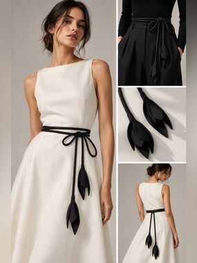 ERDEM Flower Wrap Belt Black Satin Cady 3D Floral NWT One size